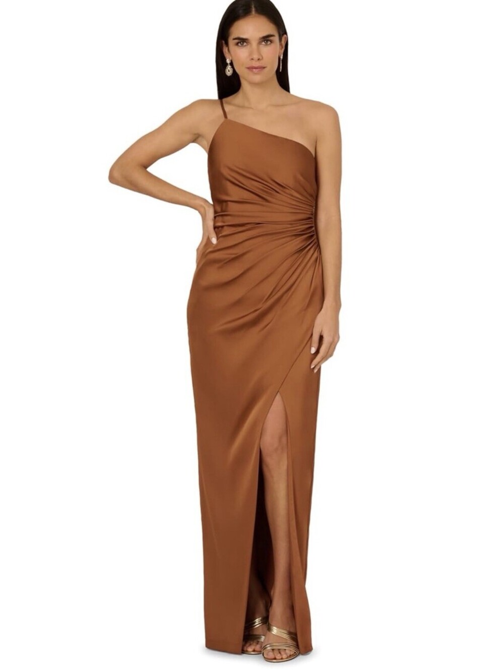 Adrianna Papell Stretch Satin One Shoulder Gown Size 2 Cinnamon NWT $265
